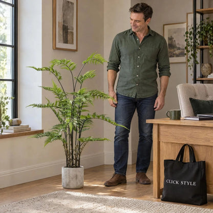 Artificial Tall Green Fern Plant in Distressed Cement Pot with Realistic Fronds – Lifelike Faux Indoor Plant 107x41x41cm displayed beside a man wearing a forest green shirt and dark blue jeans in a contemporary home office with CLICK STYLE shopping tote | Click Style