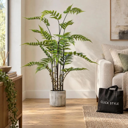 Artificial Tall Green Fern Plant in Distressed Cement Pot with Realistic Fronds – Lifelike Faux Indoor Plant 107x41x41cm displayed beside a cream sofa and oak furniture with delicate green foliage and black CLICK STYLE shopping tote | Click Style