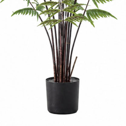 Artificial Tall Green Fern with Delicate Arching Fronds & Brown Fiddleheads in Black Pot – Realistic Floor Standing Faux Fern Plant 120x76x76cm – Close-up of the compact black plastic nursery pot and the slender brown stems emerging from its base | Click Style