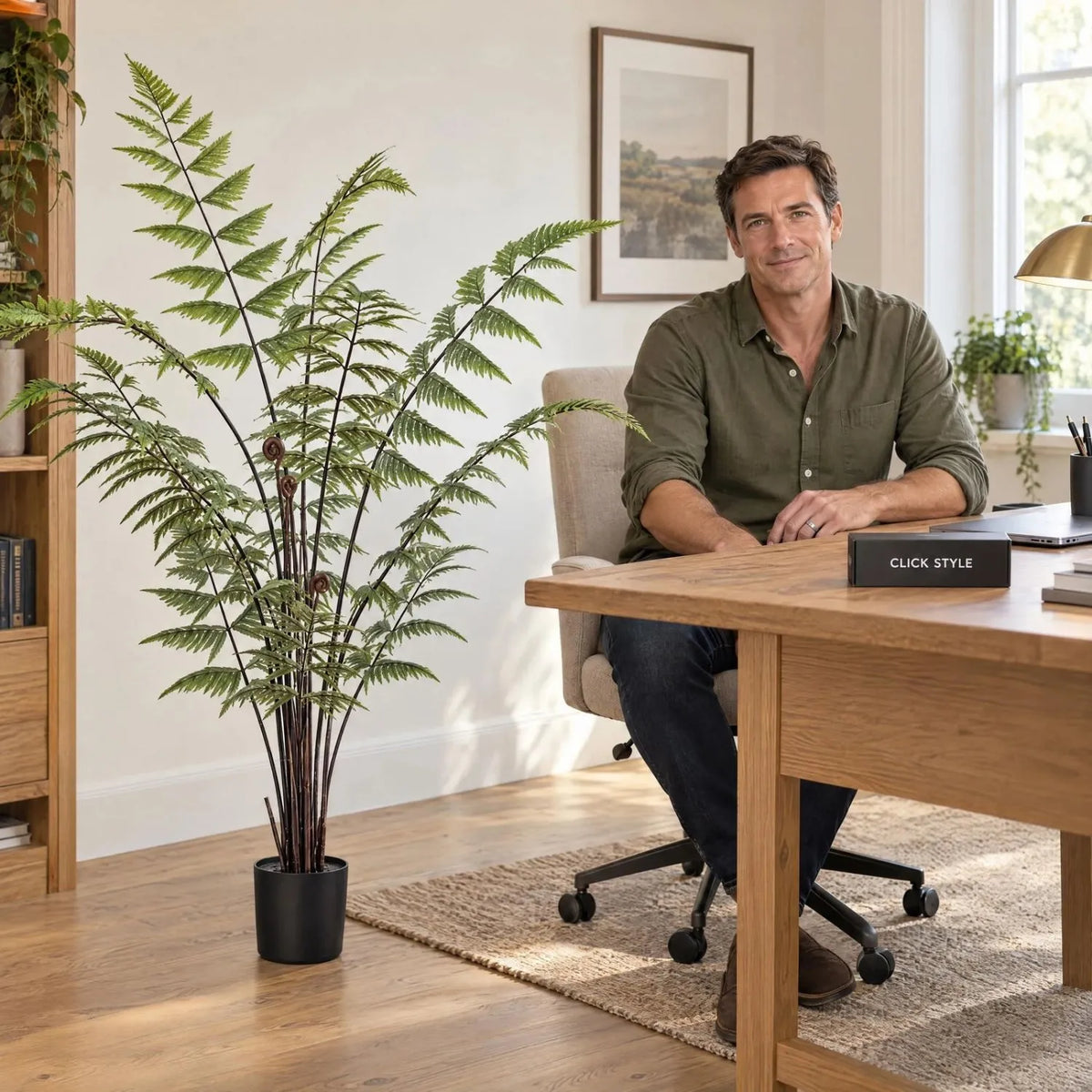Artificial Tall Green Fern with Delicate Arching Fronds & Brown Fiddleheads in Black Pot – Realistic Floor Standing Faux Fern Plant 120x76x76cm displayed in its original black nursery pot beside an oak desk with a seated man and black CLICK STYLE presentation box | Click Style