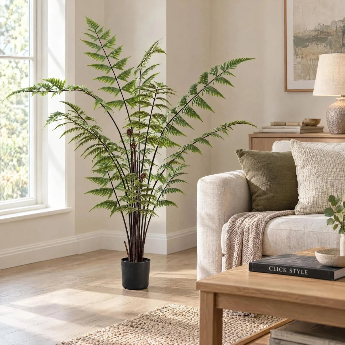 Artificial Tall Green Fern with Delicate Arching Fronds & Brown Fiddleheads in Black Pot – Realistic Floor Standing Faux Fern Plant 120x76x76cm styled beside a cream sofa in a contemporary living room with natural oak furniture and CLICK STYLE branding | Click Style