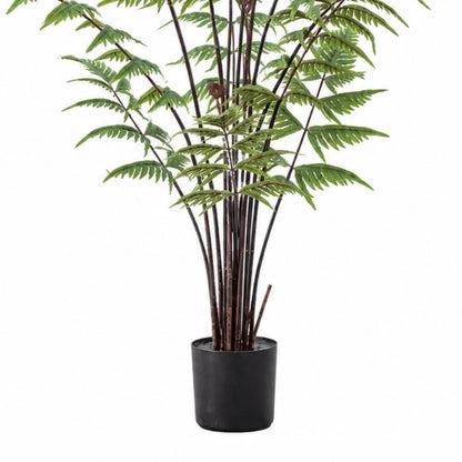 Artificial Tall Green Fern with Delicate Arching Fronds & Brown Fiddleheads in Black Pot – Realistic Floor Standing Faux Fern Plant 120x76x76cm – Detailed view of the lower green fronds, fine leaflets, clustered brown stems and black nursery pot | Click Style
