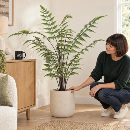 Artificial Tall Green Fern with Delicate Arching Fronds & Brown Fiddleheads in Black Pot – Realistic Floor Standing Faux Fern Plant 120x76x76cm styled in a textured cream decorative planter beside an oak console table and round mirror in a contemporary hallway | Click Style