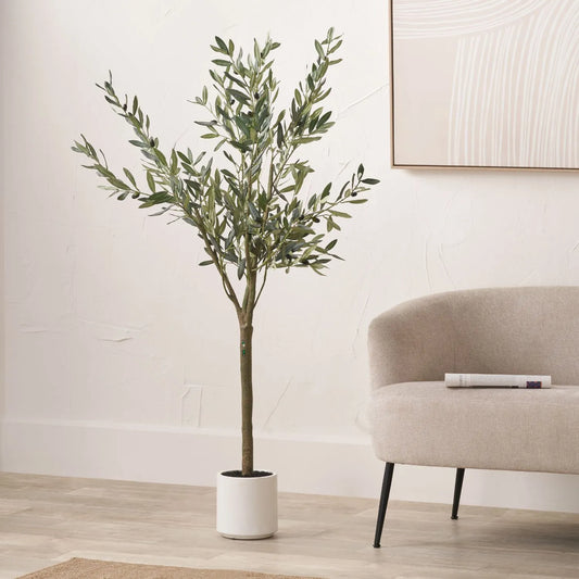 Artificial Tall Olive Tree in White Pot with Black Olives – Realistic Faux Potted Indoor Plant Greenery Decor 150x90x90cm - Click Style