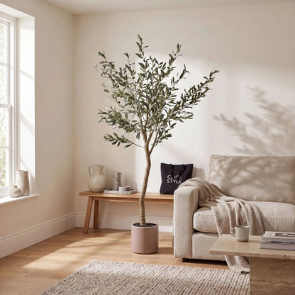 Artificial Tall Olive Tree with Black Olives & Taupe Pot styled in neutral living room | Click Style