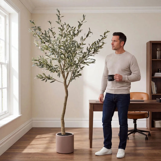 Artificial Tall Olive Tree with Black Olives & Taupe Pot styled with man in contemporary home office | Click Style