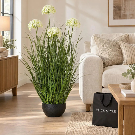 Artificial Tall White Allium Floor Standing Plant with Delicate Rounded Flower Heads & Green Grass-Like Foliage in Black Pot – Large Faux Plant 120x22x22cm – Styled Beside Cream Sofa in Luxury Neutral Living Room with Black CLICK STYLE Shopping Bag | Click Style
