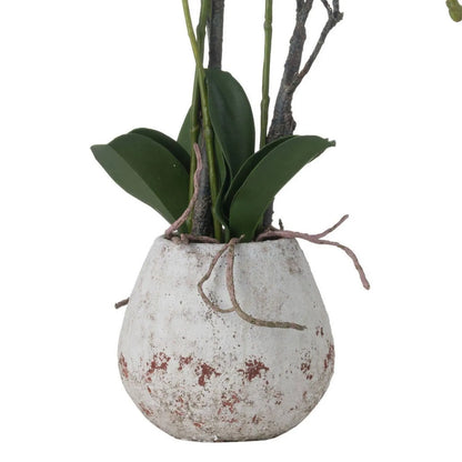 Artificial White Orchid with realistic exposed roots draping over a rounded weathered white stone effect pot with distressed reddish-brown detailing | Click Style