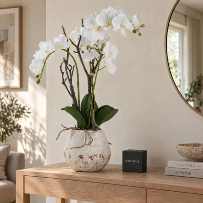 Artificial Tall White Orchid with Cascading Blooms Realistic Exposed Roots & Dark Green Leaves in Weathered Stone Effect Pot – Large Potted Faux Orchid Arrangement 70x46x46cm styled on a natural light oak console table in a contemporary living room | Click Style