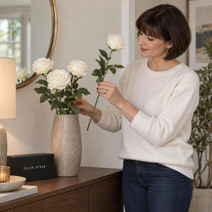 Artificial Traditional White Rose with Long Stem & Large Open Bloom – Lifelike White Faux Rose Flower with Realistic Green Foliage 71cm – Woman Styling Long Stem Rose Beside Vase Arrangement | Click Style