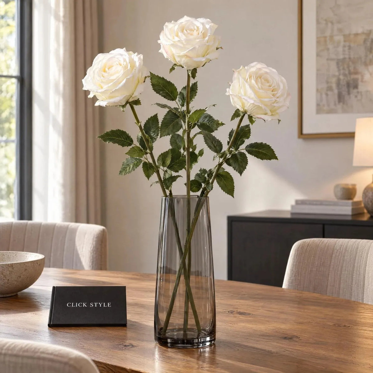 Artificial Traditional White Rose with Long Stem & Large Open Bloom – Lifelike White Faux Rose Flower with Realistic Green Foliage 71cm – Three Stem Arrangement in Smoked Glass Vase | Click Style
