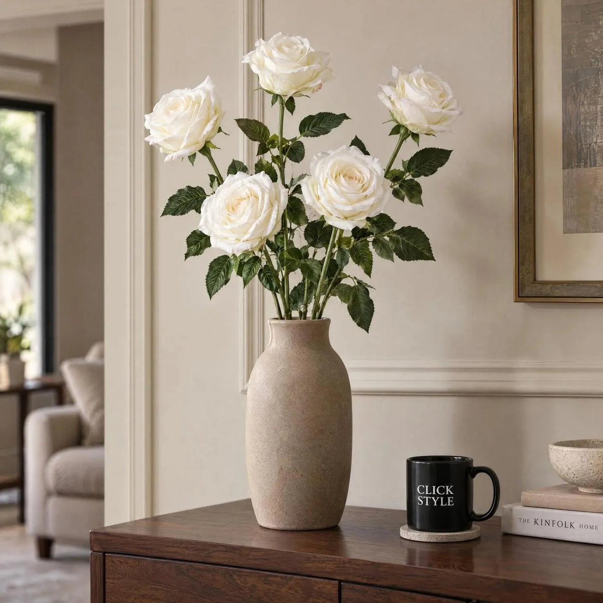 Artificial Traditional White Rose with Long Stem & Large Open Bloom – Lifelike White Faux Rose Flower with Realistic Green Foliage 71cm – Five Stem Arrangement in Tall Stone-Effect Vase | Click Style
