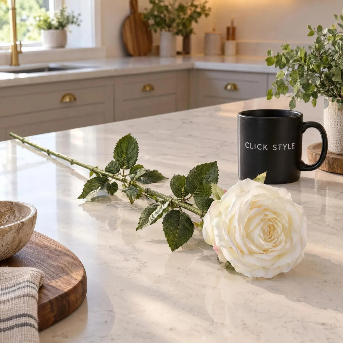 Artificial Traditional White Rose with Long Stem & Large Open Bloom – Lifelike White Faux Rose Flower with Realistic Green Foliage 71cm – Single Complete Rose Stem on Quartz Kitchen Island | Click Style