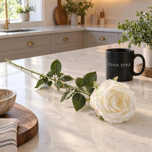 Artificial Traditional White Rose with Long Stem & Large Open Bloom – Lifelike White Faux Rose Flower with Realistic Green Foliage 71cm – Single Complete Rose Stem on Quartz Kitchen Island | Click Style