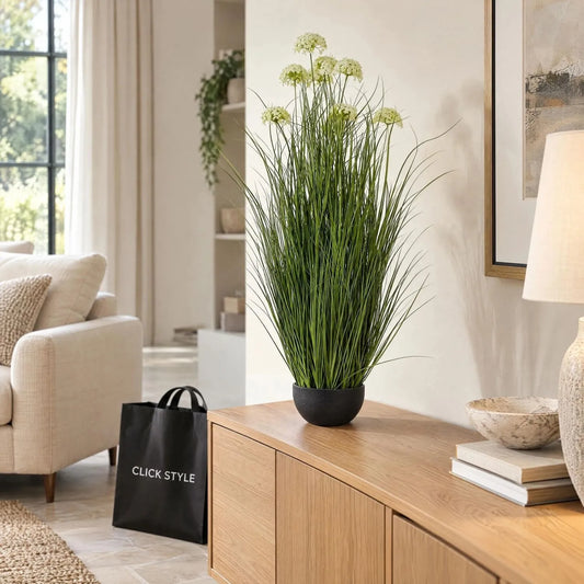 Artificial White Allium Plant with Delicate Rounded Flower Heads & Green Grass-Like Foliage in Black Pot – Medium Faux Plant 70x17x17cm displayed on an oak sideboard in a contemporary neutral living room with black CLICK STYLE tote | Click Style