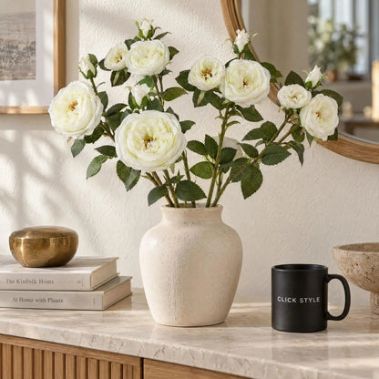 Artificial White Charity Rose Stem with Open Blooms & Rosebud – Lifelike White Faux Rose Flowers with Realistic Green Foliage 58cm – Five Stem Arrangement in Textured Ceramic Vase | Click Style