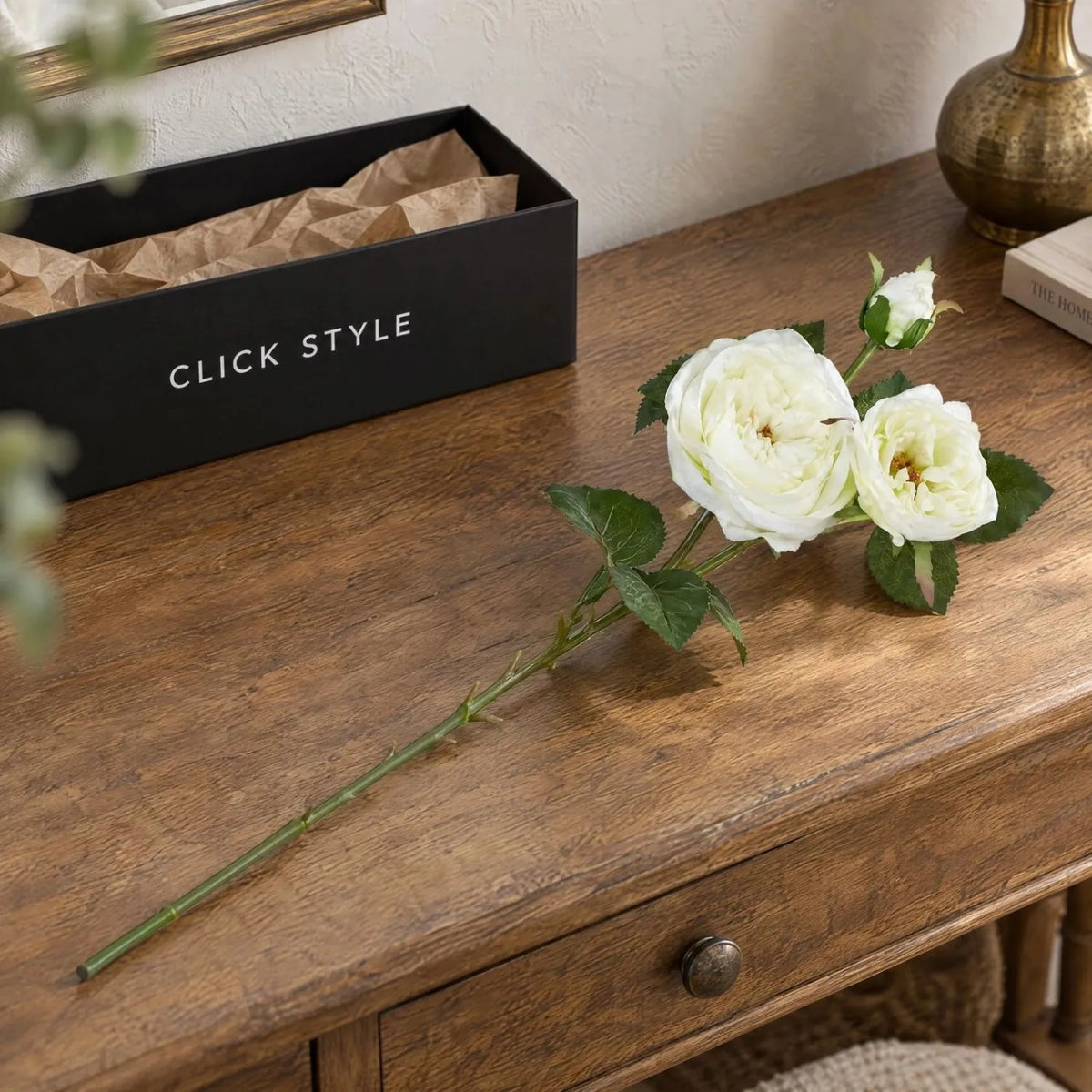 Artificial White Charity Rose Stem with Open Blooms & Rosebud – Lifelike White Faux Rose Flowers with Realistic Green Foliage 58cm – Single Complete Stem with Click Style Parcel Box | Click Style