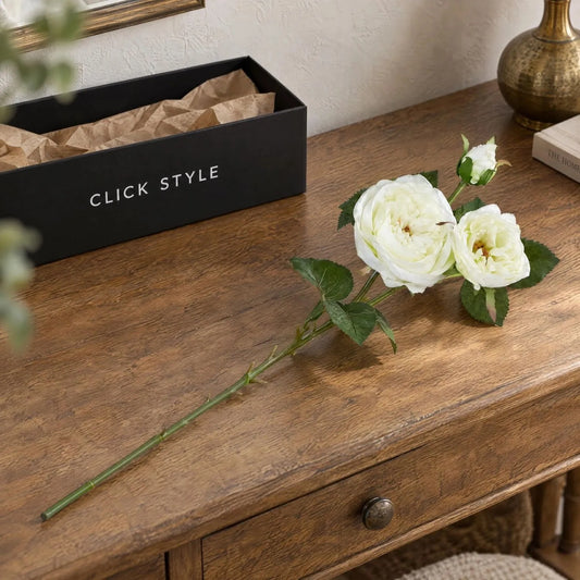 Artificial White Charity Rose Stem with Open Blooms & Rosebud – Lifelike White Faux Rose Flowers with Realistic Green Foliage 58cm – Single Complete Stem with Click Style Parcel Box | Click Style