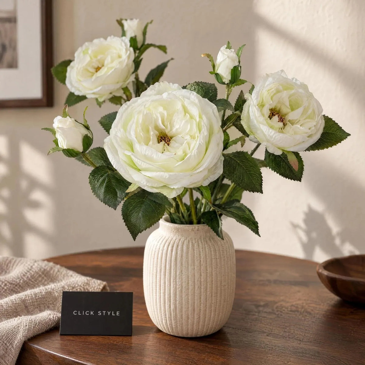 Artificial White Charity Rose Stem with Open Blooms & Rosebud – Lifelike White Faux Rose Flowers with Realistic Green Foliage 58cm – Close-Up of Layered Petals Rosebuds & Serrated Green Foliage | Click Style