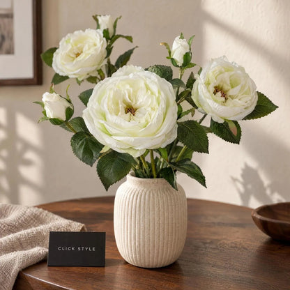 Artificial White Charity Rose Stem with Open Blooms & Rosebud – Lifelike White Faux Rose Flowers with Realistic Green Foliage 58cm – Close-Up of Layered Petals Rosebuds & Serrated Green Foliage | Click Style