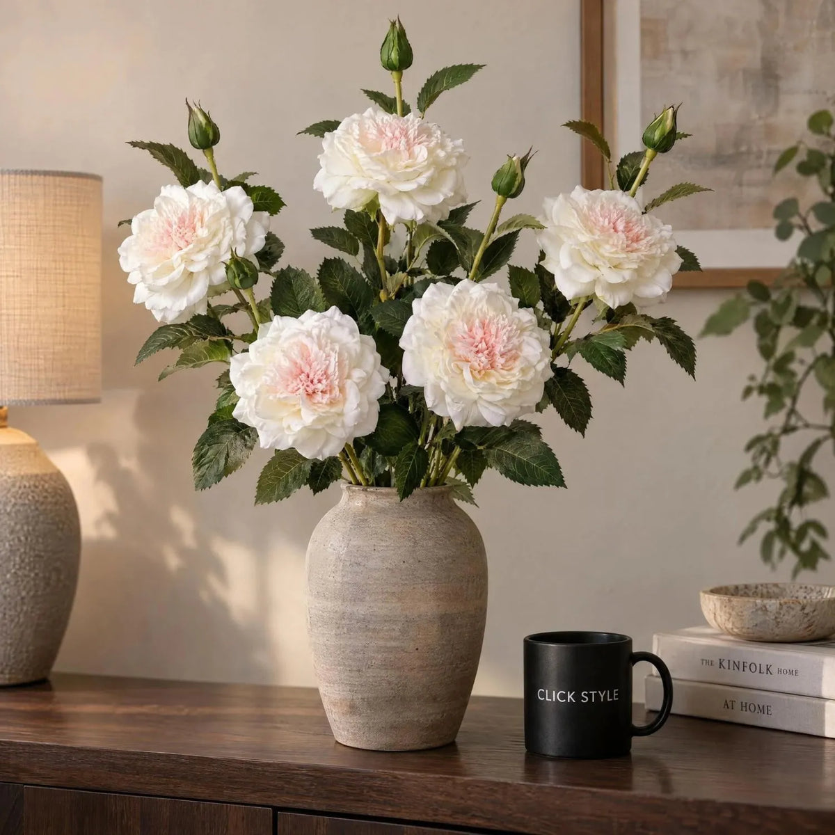 Artificial White Garden Rose Spray with Open Bloom & Rosebud – Lifelike White Faux Rose Flower with Pale Pink Centre & Realistic Green Foliage 68cm – Five Stem Arrangement in Stone-Effect Ceramic Vase | Click Style