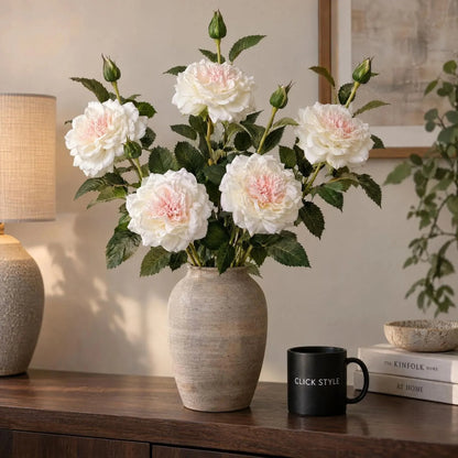 Artificial White Garden Rose Spray with Open Bloom & Rosebud – Lifelike White Faux Rose Flower with Pale Pink Centre & Realistic Green Foliage 68cm – Five Stem Arrangement in Stone-Effect Ceramic Vase | Click Style