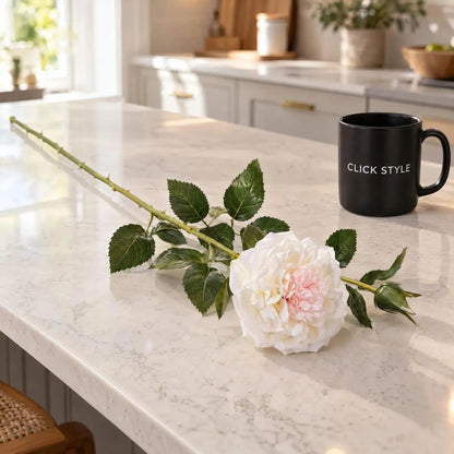 Artificial White Garden Rose Spray with Open Bloom & Rosebud – Lifelike White Faux Rose Flower with Pale Pink Centre & Realistic Green Foliage 68cm – Single Complete Rose Spray on Quartz Kitchen Island | Click Style