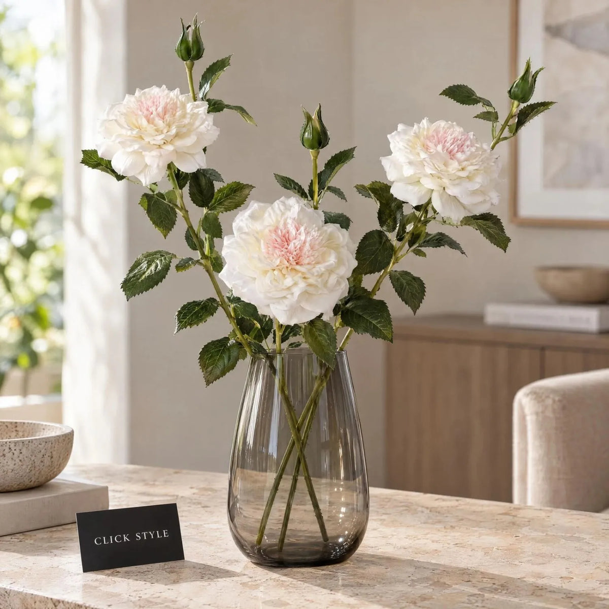 Artificial White Garden Rose Spray with Open Bloom & Rosebud – Lifelike White Faux Rose Flower with Pale Pink Centre & Realistic Green Foliage 68cm – Three Stem Arrangement in Smoked Glass Vase | Click Style