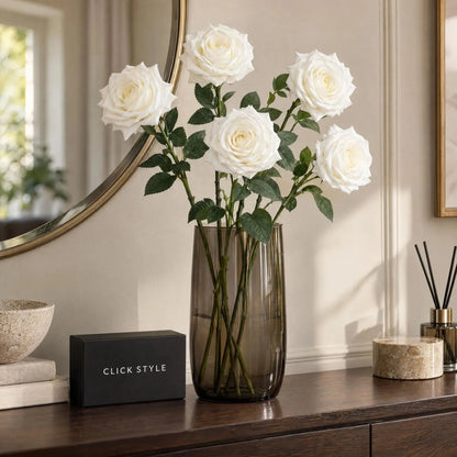 Artificial White Garden Rose with Long Stem & Large Layered Bloom – Lifelike White Faux Rose Flower with Realistic Green Foliage 75cm – Five Stem Arrangement in Smoked Glass Vase | Click Style