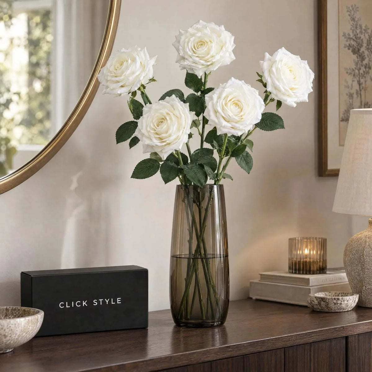 Artificial White Garden Rose with Long Stem & Large Layered Bloom – Lifelike White Faux Rose Flower with Realistic Green Foliage 75cm – Five Stem Arrangement in Tall Smoked Glass Vase on Walnut Console | Click Style