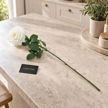 Artificial White Garden Rose with Long Stem & Large Layered Bloom – Lifelike White Faux Rose Flower with Realistic Green Foliage 75cm – Single Complete Rose Stem on Stone Kitchen Island | Click Style