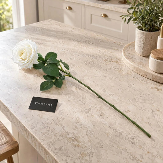 Artificial White Garden Rose with Long Stem & Large Layered Bloom – Lifelike White Faux Rose Flower with Realistic Green Foliage 75cm – Single Complete Rose Stem on Stone Kitchen Island | Click Style