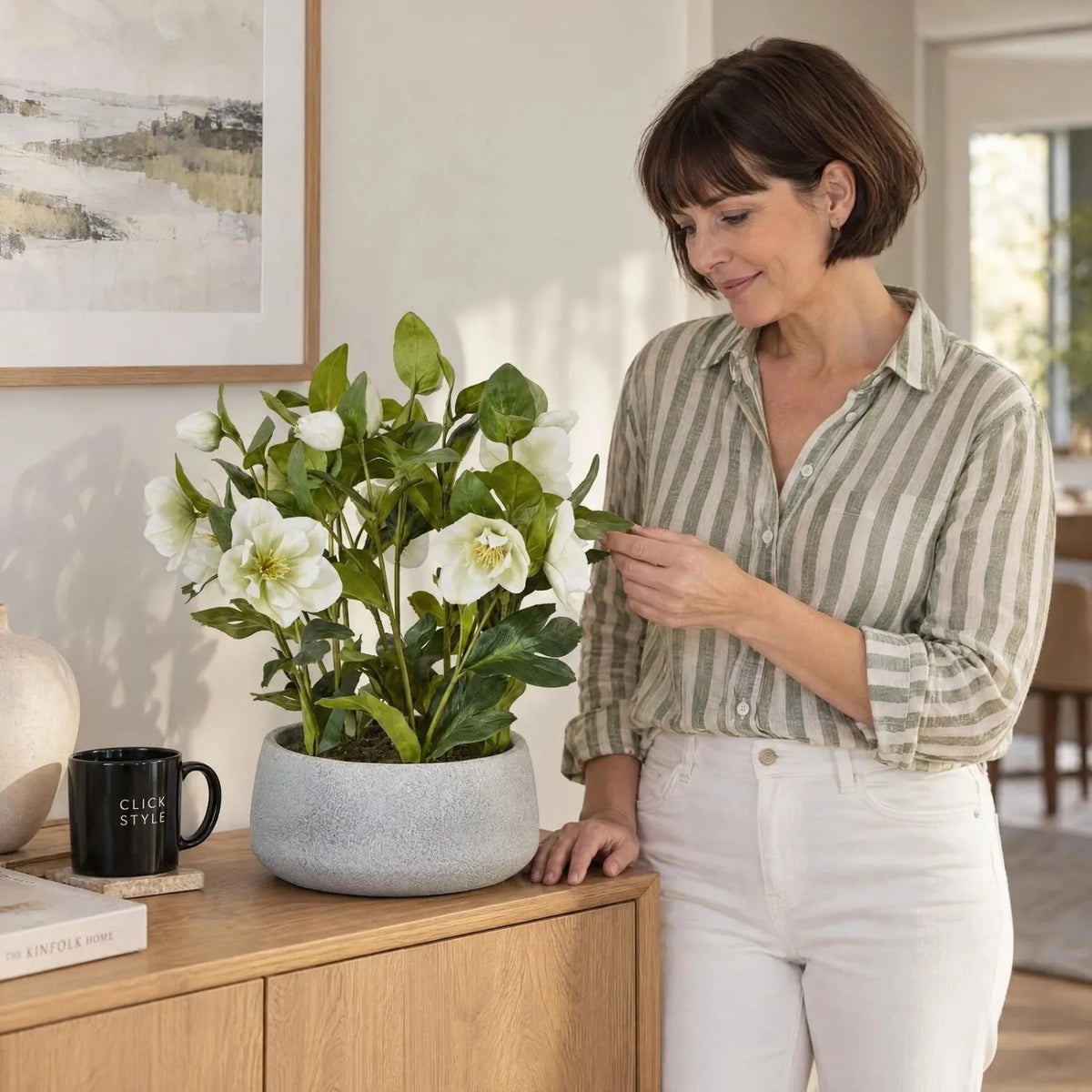 Artificial White Hellebore Plant in Grey Ceramic Pot – Realistic White Faux Christmas Rose Flower Arrangement 41x38x33cm – Woman Styling Plant on Oak Sideboard | Click Style
