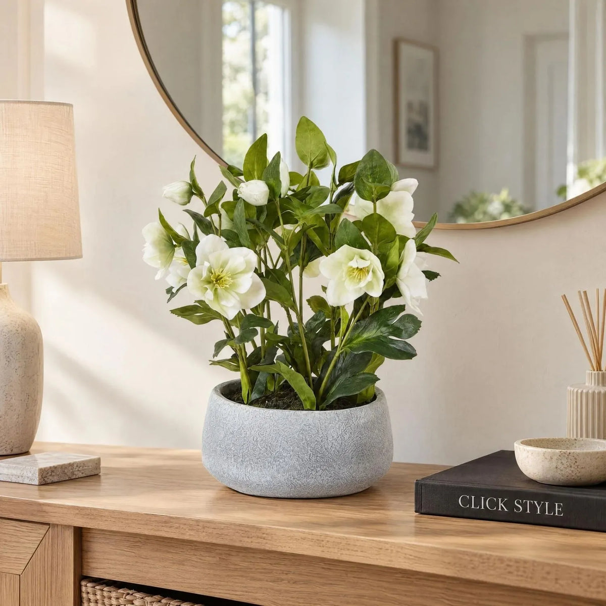 Artificial White Hellebore Plant in Grey Ceramic Pot – Realistic White Faux Christmas Rose Flower Arrangement 41x38x33cm – Styled on Oak Console Table with Mirror | Click Style