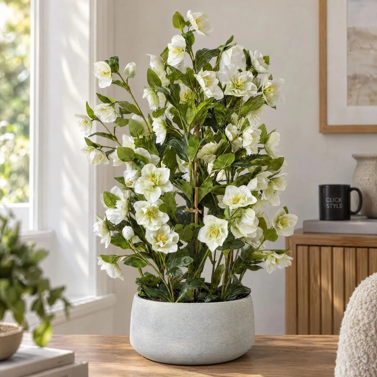Artificial White Hellebore Plant in Textured Grey Pot – Realistic White Faux Christmas Rose Flower Arrangement 85x52x52cm – White Flowers Foliage & Textured Grey Pot Detail | Click Style