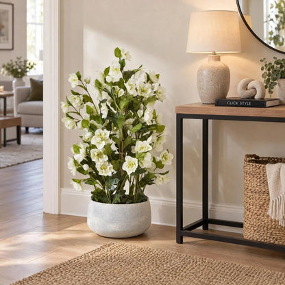 Artificial White Hellebore Plant in Textured Grey Pot – Realistic White Faux Christmas Rose Flower Arrangement 85x52x52cm – Styled Beside Console Table | Click Style