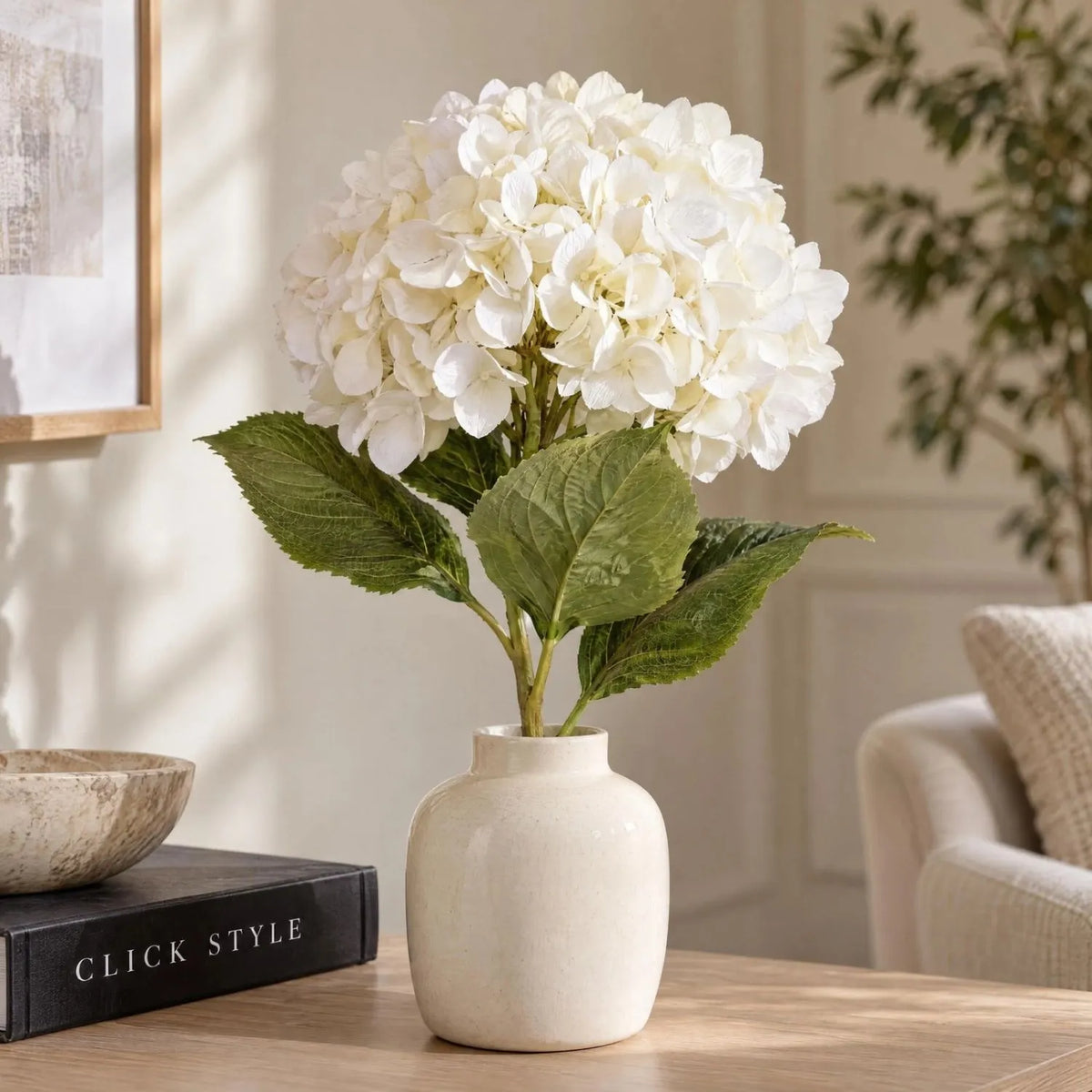 Artificial White Hydrangea with Long Stem & Oversized Bloom – Large Lifelike Faux White Hydrangea Flower with Realistic Green Foliage 73cm – Single White Hydrangea Styled in Cream Vase | Click Style