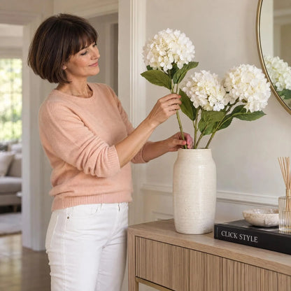 Artificial White Hydrangea with Long Stem & Oversized Bloom – Large Lifelike Faux White Hydrangea Flower with Realistic Green Foliage 73cm – Woman Styling White Hydrangeas in Cream Vase | Click Style