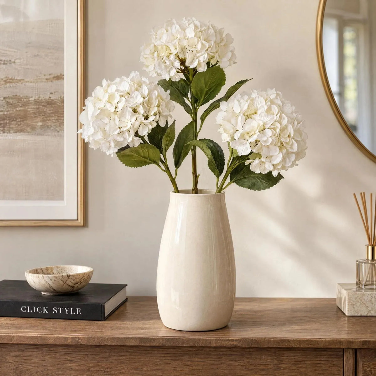 Artificial White Hydrangea with Long Stem & Oversized Bloom – Large Lifelike Faux White Hydrangea Flower with Realistic Green Foliage 73cm – Three White Hydrangea Stems in Cream Vase | Click Style