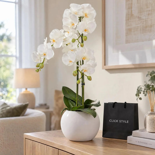 Artificial White Orchid Plant with Cascading Blooms & Green Buds in Round White Ceramic Pot – Realistic Faux Potted Orchid 80x35x35cm displayed on a light oak sideboard in a contemporary living room with black CLICK STYLE branding | Click Style
