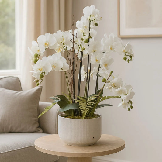 Artificial White Phalaenopsis Orchid Plant in Textured Light Stone Glazed Ceramic Pot – Realistic Faux Orchid Flower Arrangement with Fern Foliage 76x65x60cm | Click Style