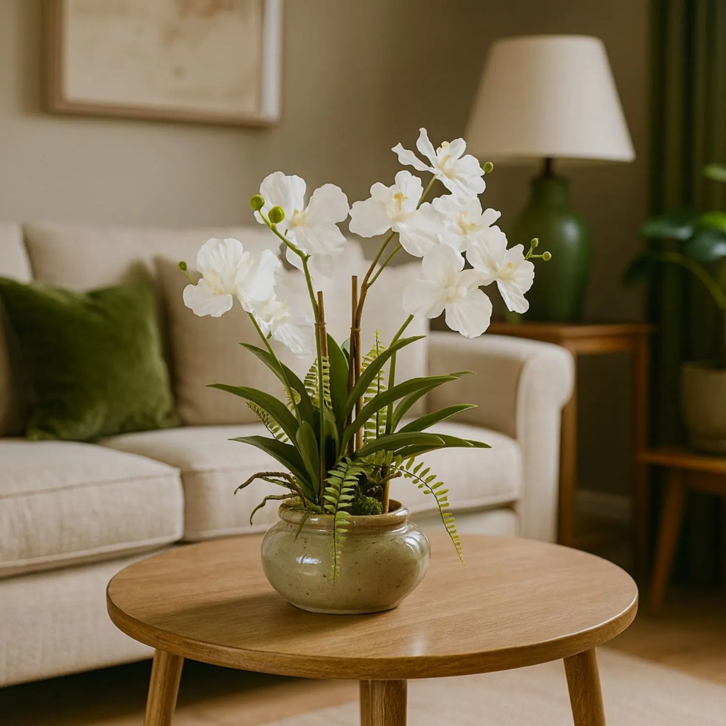 Artificial White Phalaenopsis Orchid Plant With Ferns In Rotund Glazed Ceramic Pot – Realistic Indoor Potted Faux Flower Arrangement With Lush Green Fern Foliage 68x75x56cm | Click Style