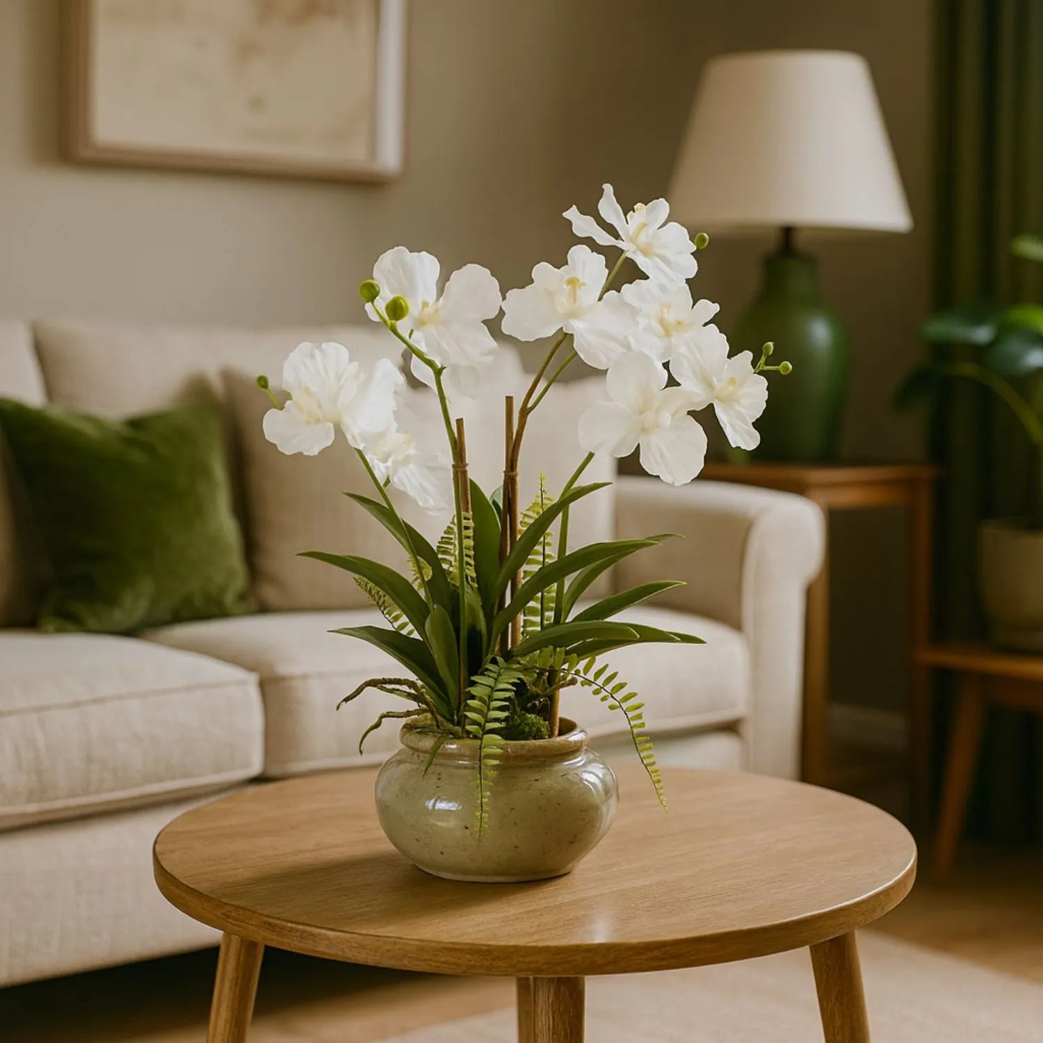 Artificial White Phalaenopsis Orchid Plant With Ferns In Rotund Glazed Ceramic Pot – Realistic Indoor Potted Faux Flower Arrangement With Lush Green Fern Foliage 68x75x56cm | Click Style