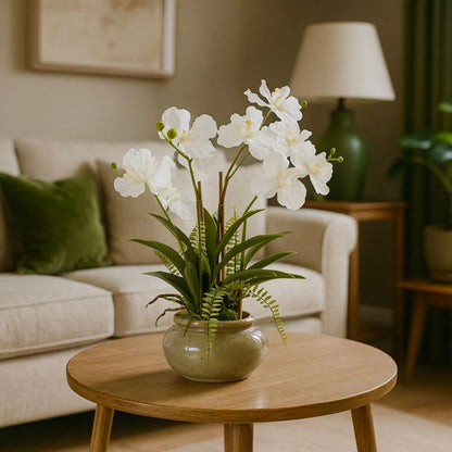 Artificial White Phalaenopsis Orchid Plant With Ferns In Rotund Glazed Ceramic Pot – Realistic Indoor Potted Faux Flower Arrangement With Lush Green Fern Foliage 68x75x56cm | Click Style
