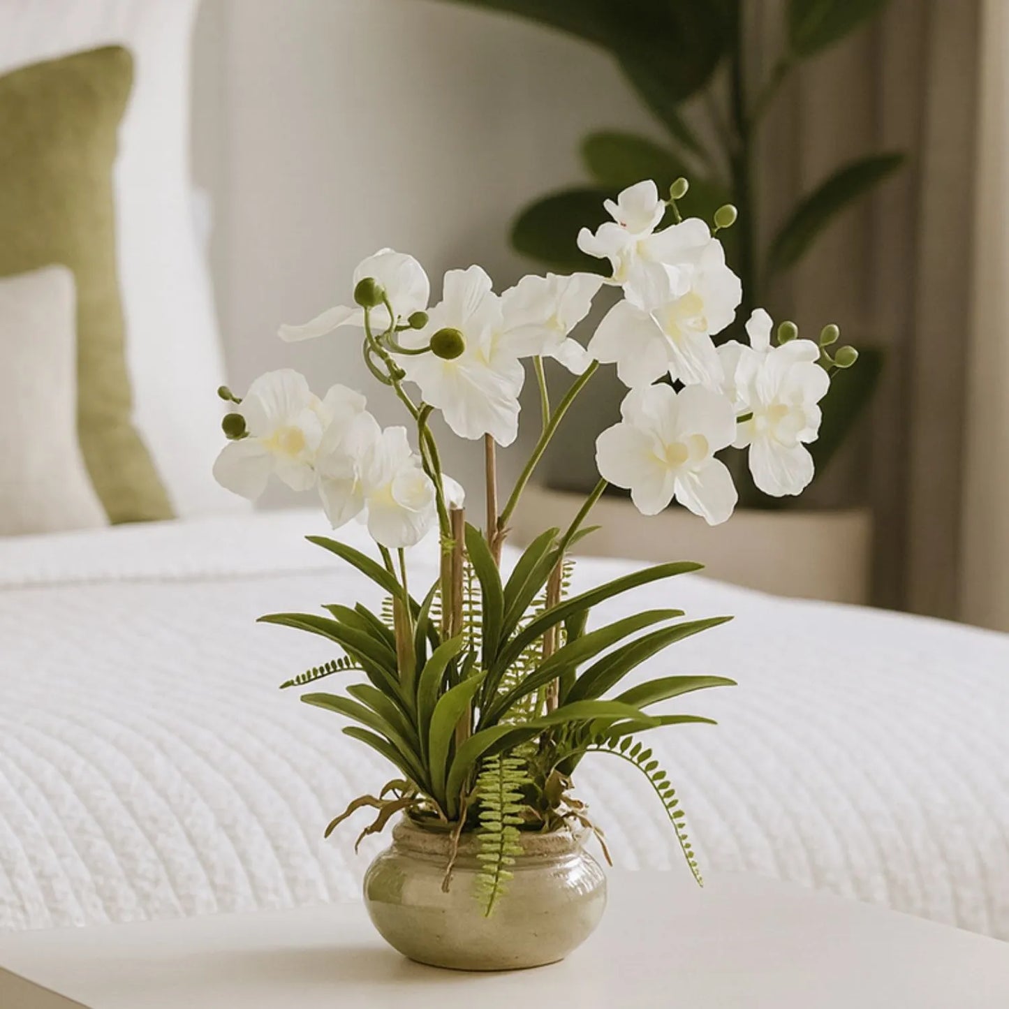 Artificial White Phalaenopsis Orchid Plant With Ferns In Rotund Glazed Ceramic Pot – Realistic Indoor Potted Faux Flower Arrangement With Lush Green Fern Foliage 68x75x56cm | Click Style