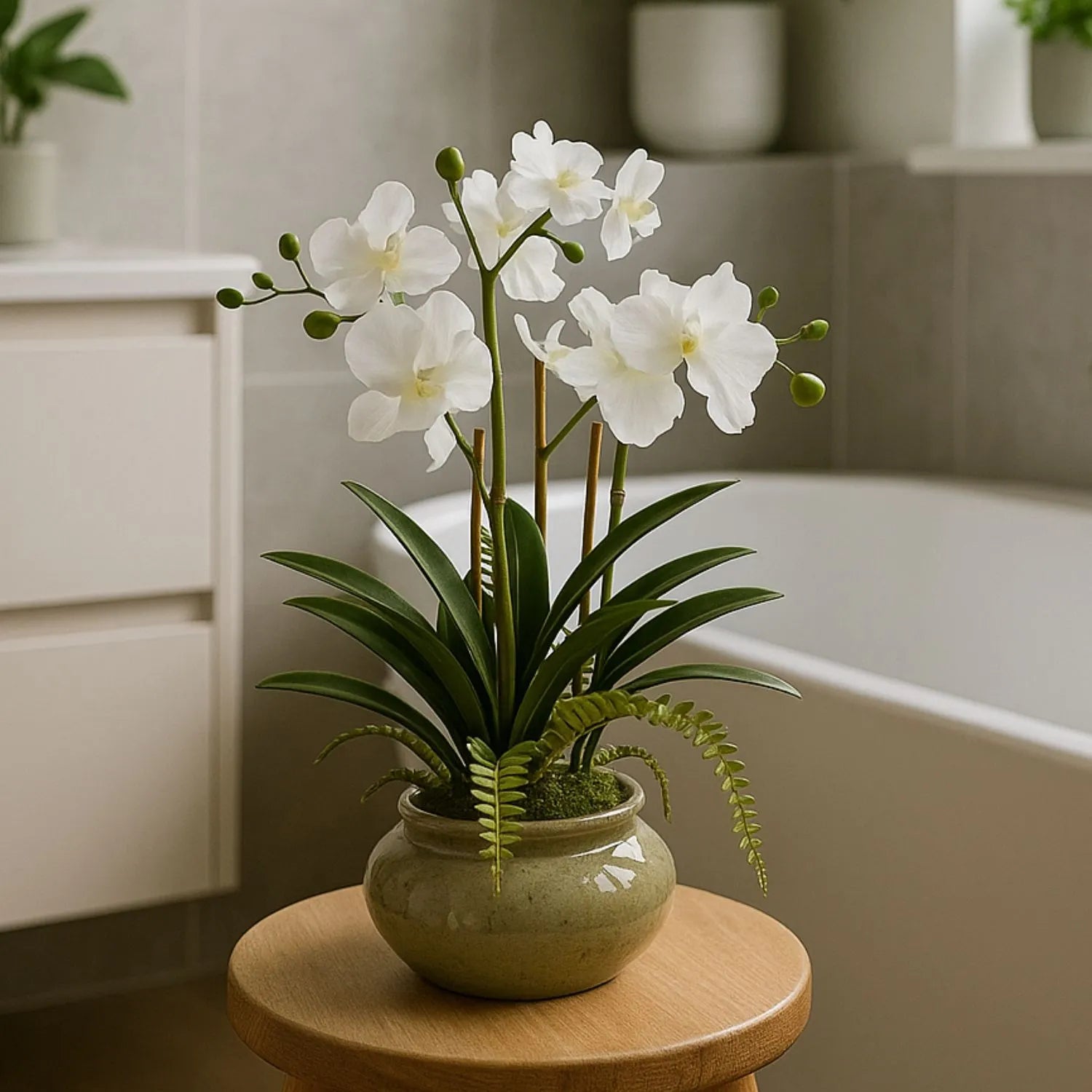 Artificial White Phalaenopsis Orchid Plant With Ferns In Rotund Glazed Ceramic Pot – Realistic Indoor Potted Faux Flower Arrangement With Lush Green Fern Foliage 68x75x56cm | Click Style