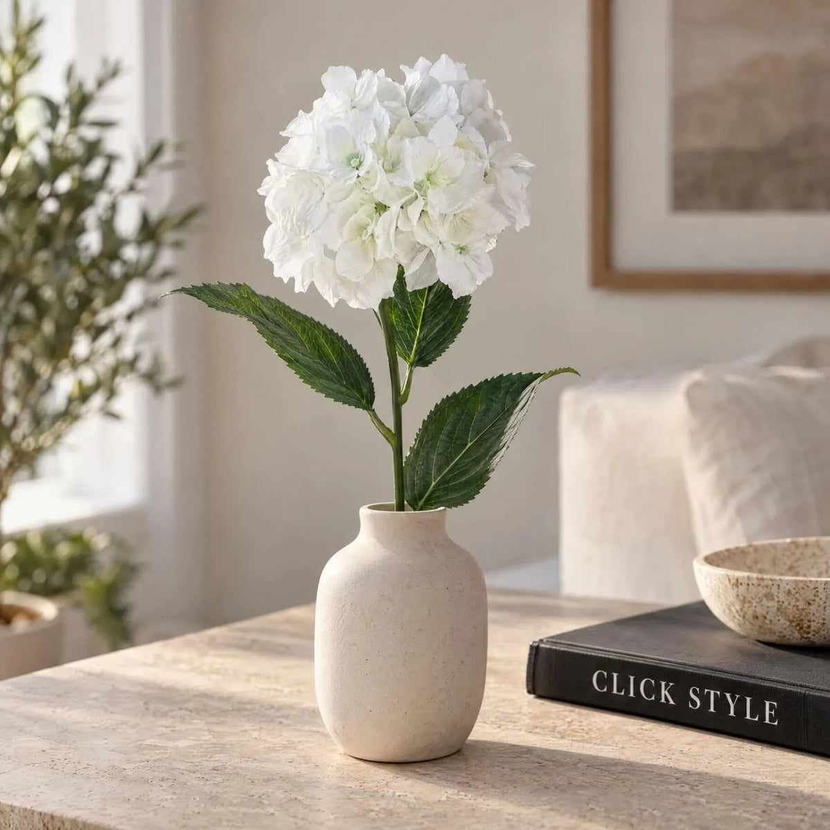 Artificial White Schneeball Hydrangea with Long Stem & Compact Bloom – Realistic Faux Hydrangea Flower with Green Foliage 71cm – Single Hydrangea Styled in Cream Vase | Click Style