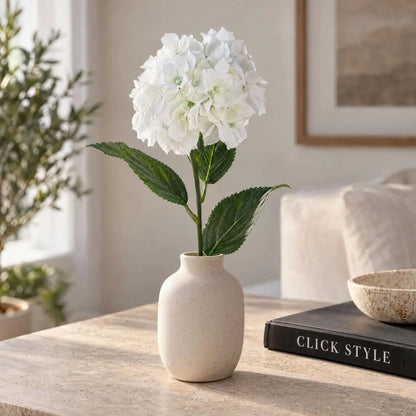Artificial White Schneeball Hydrangea with Long Stem & Compact Bloom – Realistic Faux Hydrangea Flower with Green Foliage 71cm – Single Hydrangea Styled in Cream Vase | Click Style