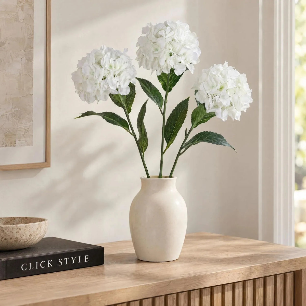 Artificial White Schneeball Hydrangea with Long Stem & Compact Bloom – Realistic Faux Hydrangea Flower with Green Foliage 71cm – Three Hydrangea Stems Styled in Cream Vase | Click Style