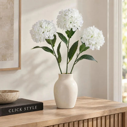 Artificial White Schneeball Hydrangea with Long Stem & Compact Bloom – Realistic Faux Hydrangea Flower with Green Foliage 71cm – Three Hydrangea Stems Styled in Cream Vase | Click Style